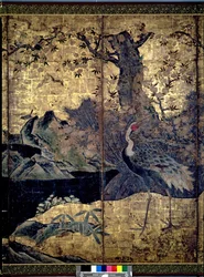 Fugle og blomster fra de fire årstider (pen og blæk, farve, guldpapir på panel) (se 216554, 216556)